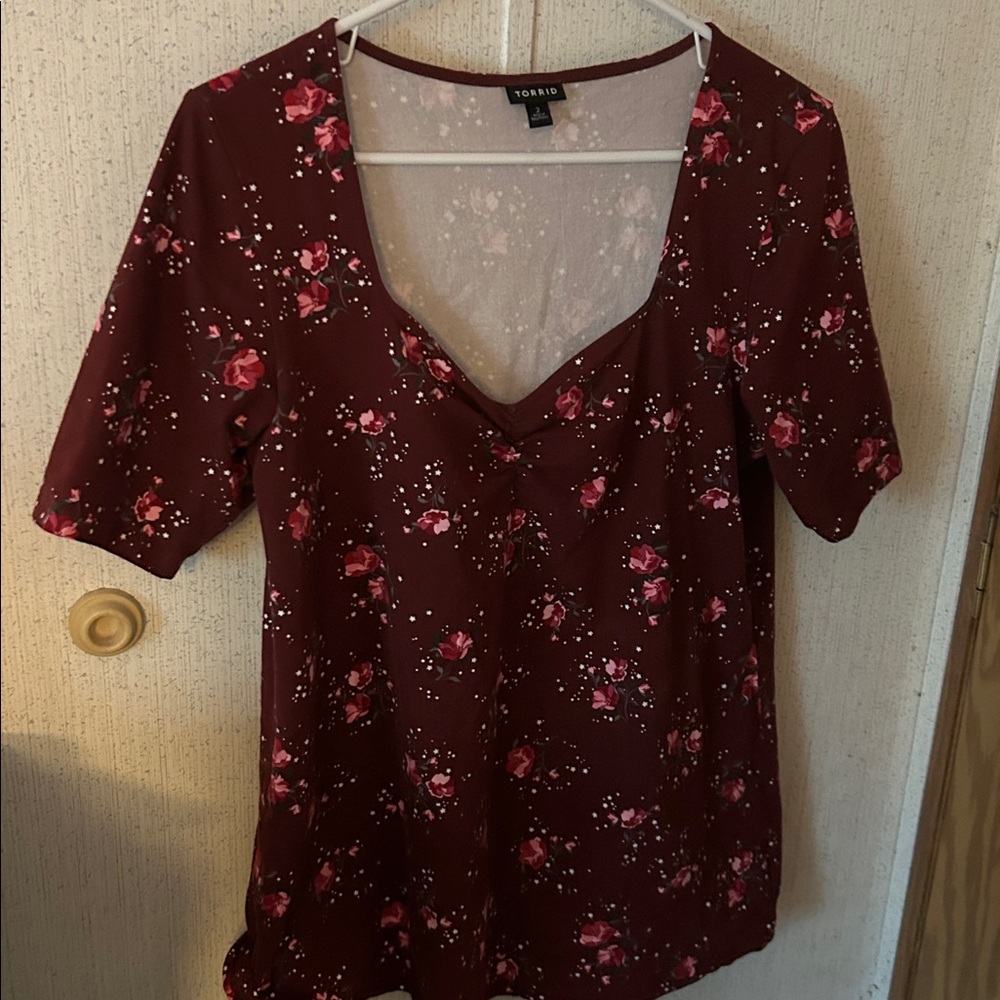 Torrid Burgundy Floral V-Neck Blouse